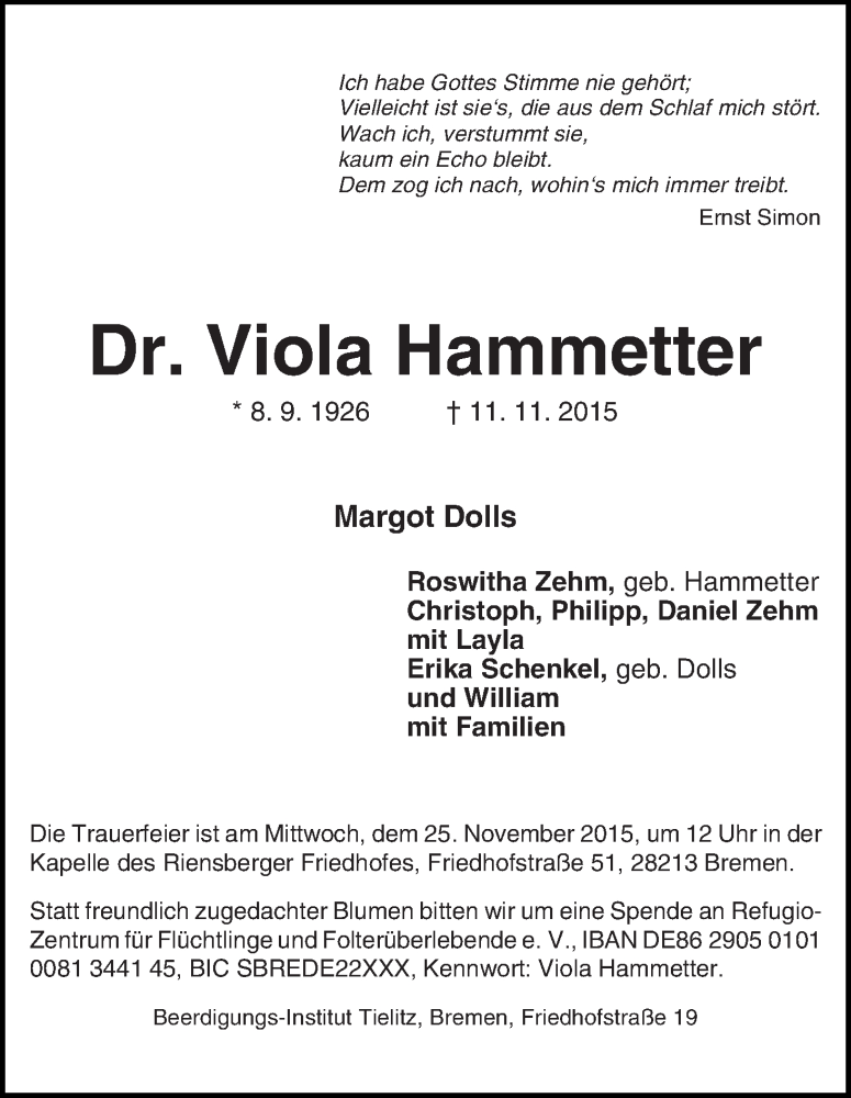 Traueranzeige von Viola Hammetter von WESER-KURIER