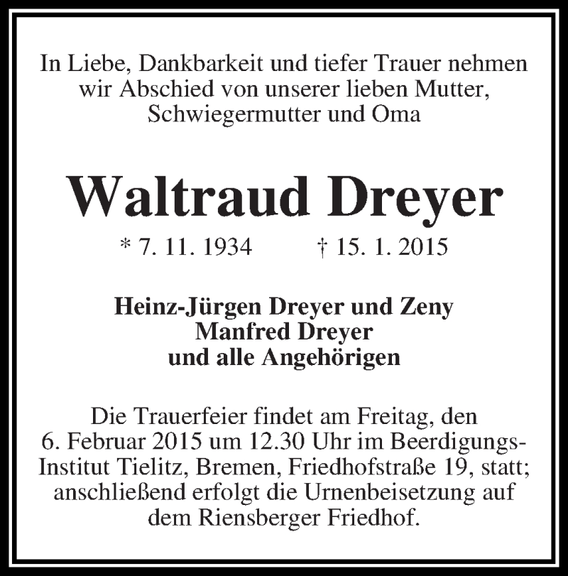 Traueranzeige von Waltraud Dreyer von WESER-KURIER