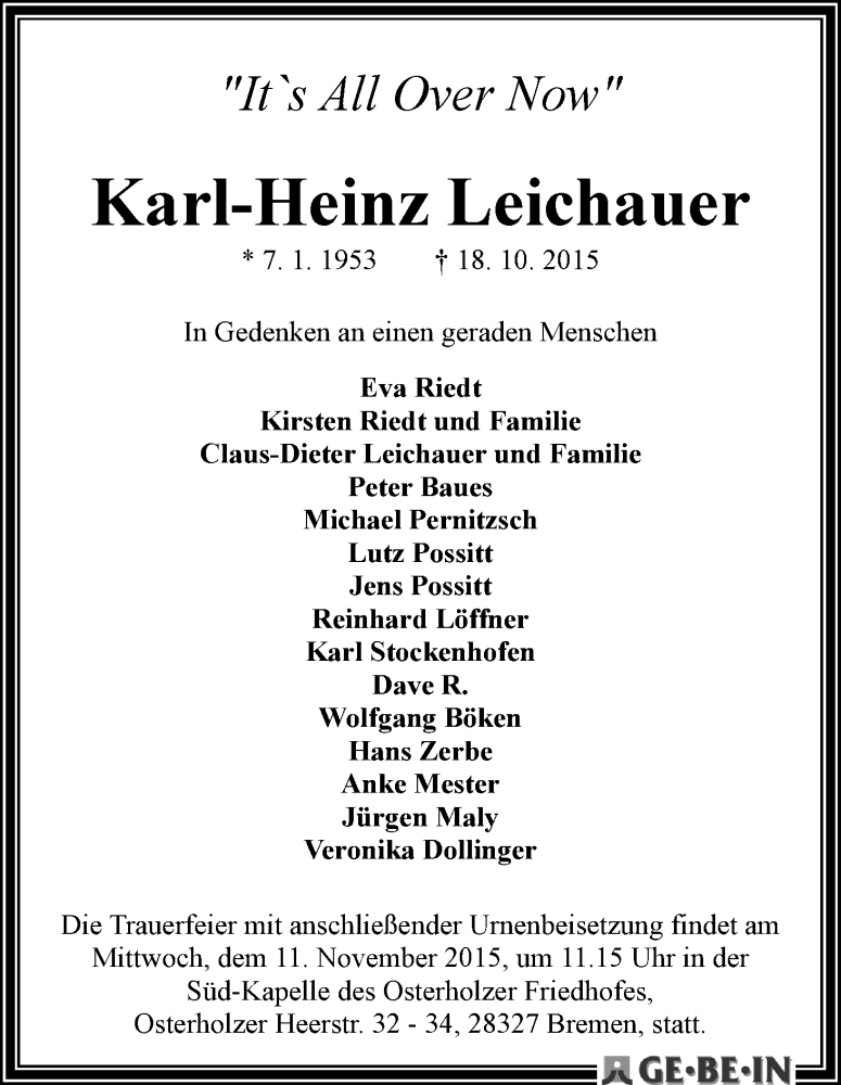 Traueranzeige von Karl-Heinz Leichauer von WESER-KURIER