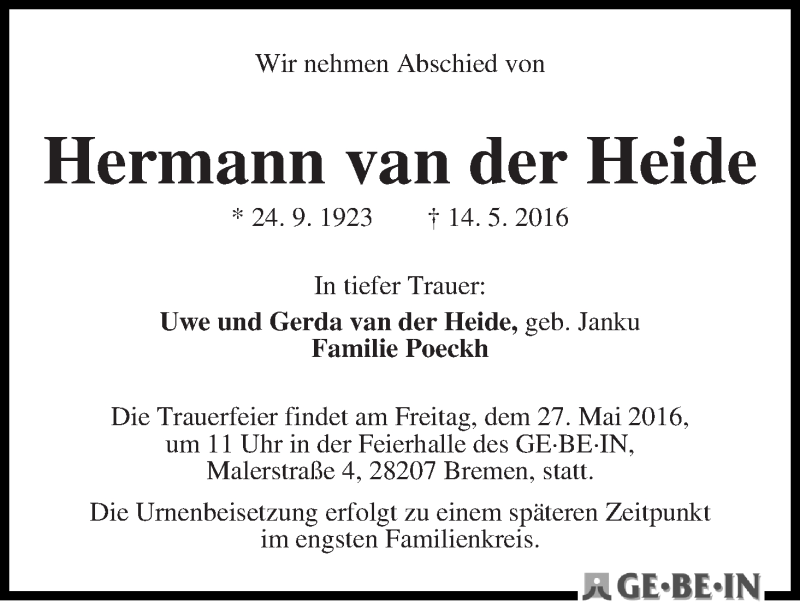 Traueranzeige von Hermann van der Heide von WESER-KURIER