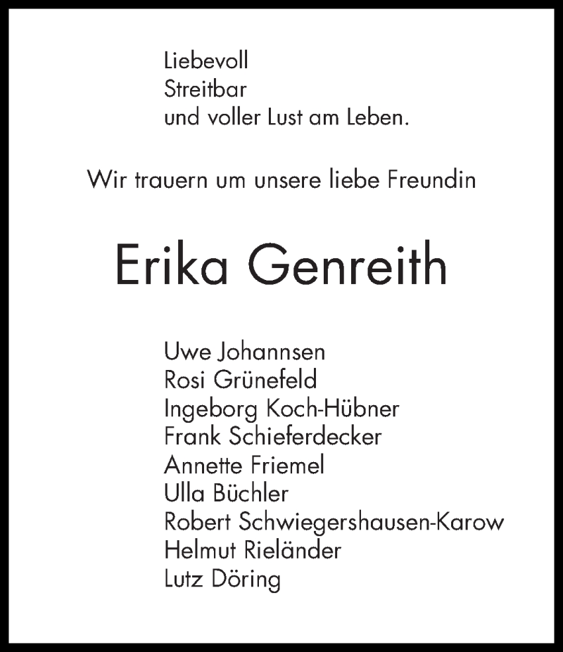 Traueranzeige von Erika Genreith von WESER-KURIER