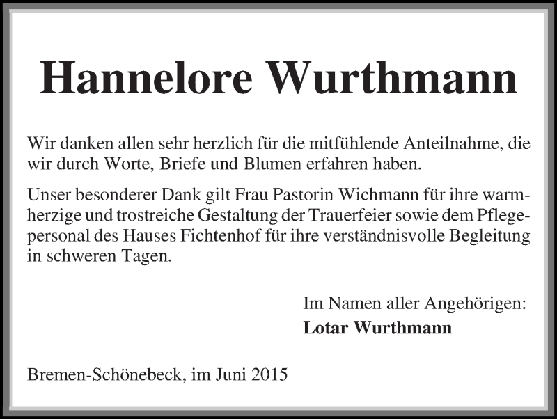 Traueranzeige von Hannelore Wurthmann von Die Norddeutsche