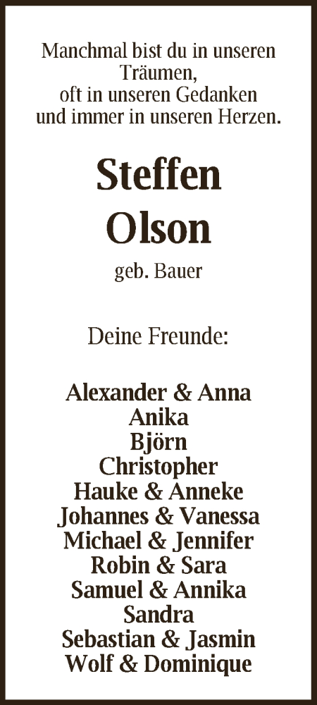 Traueranzeige von Steffen Olson von Die Norddeutsche