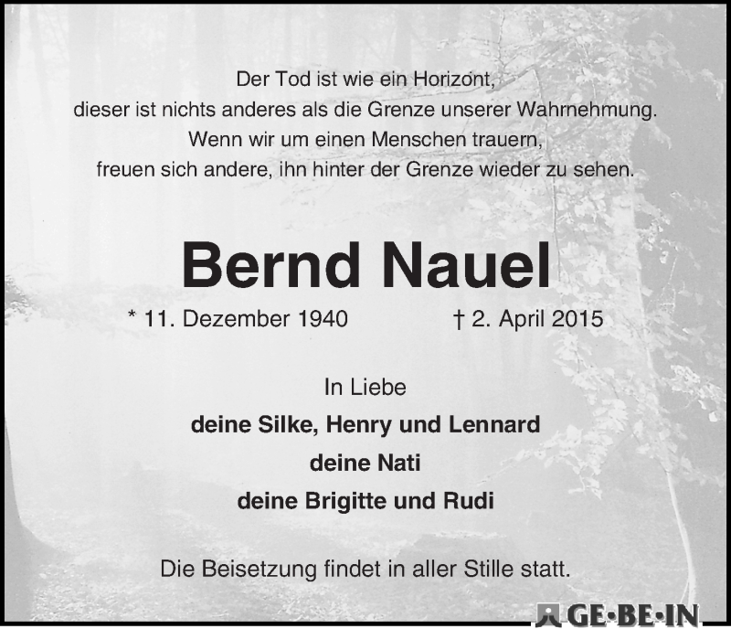 Traueranzeige von Bernd Nauel von WESER-KURIER