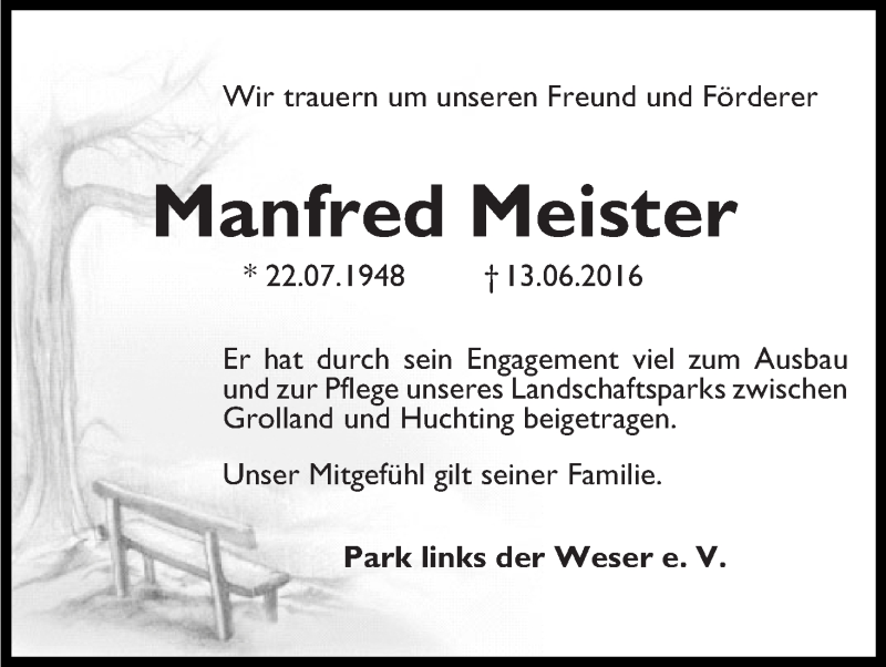 Traueranzeige von Manfred Meister von WESER-KURIER