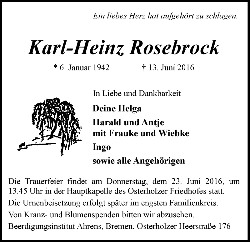 Traueranzeige von Karl-Heinrich (Heinz) Rosebrock von WESER-KURIER