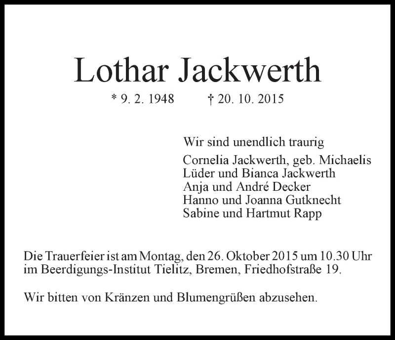 Traueranzeige von Lothar Jackwerth von WESER-KURIER