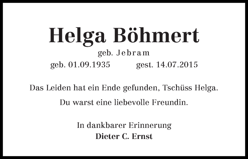 Traueranzeige von Helga Böhmert von WESER-KURIER