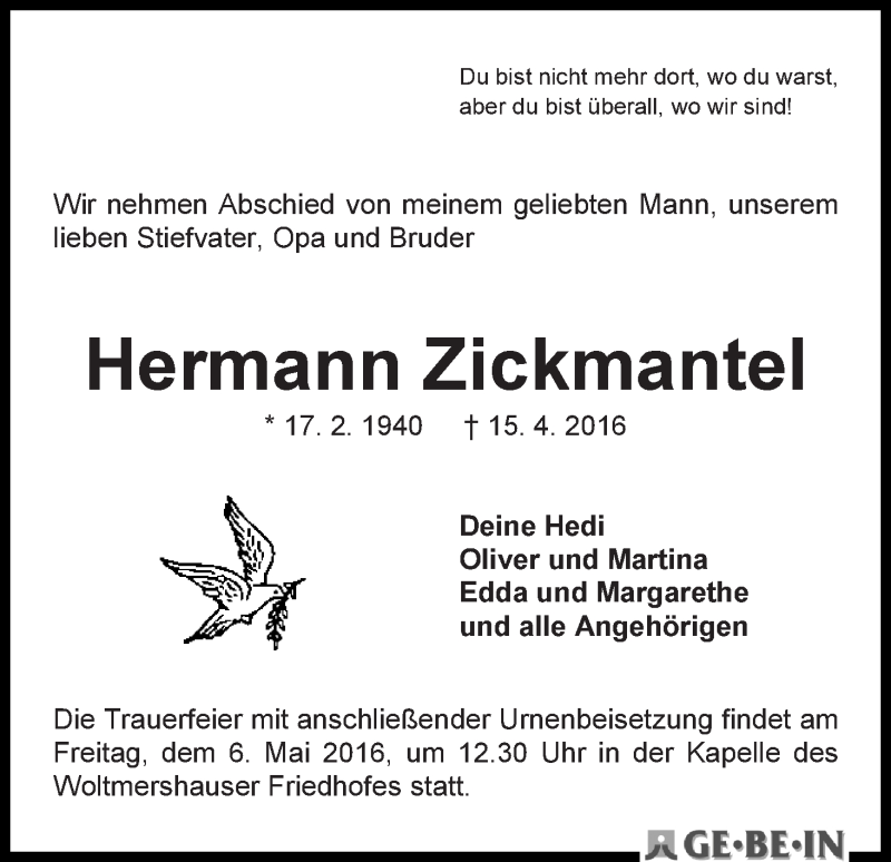 Traueranzeige von Hermann Zickmantel von WESER-KURIER
