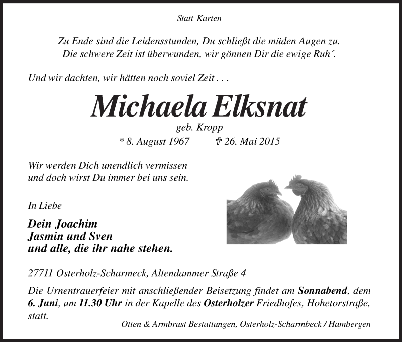 Traueranzeige von Michaela Elksnat von Osterholzer Kreisblatt