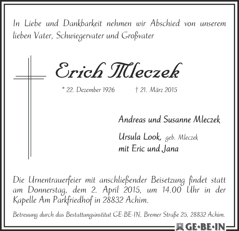 Traueranzeige von Erich Mleczek von WESER-KURIER