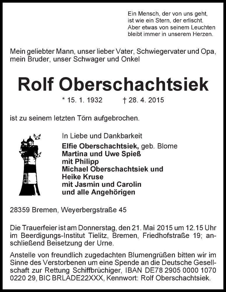 Traueranzeige von Rolf Oberschachtsiek von WESER-KURIER