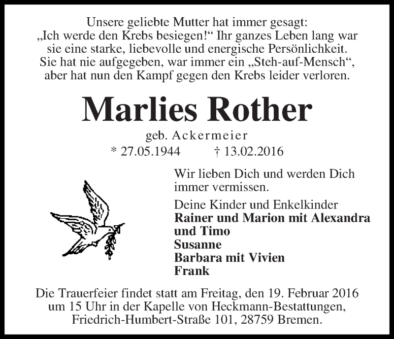 Traueranzeige von Marlies Rother von WESER-KURIER