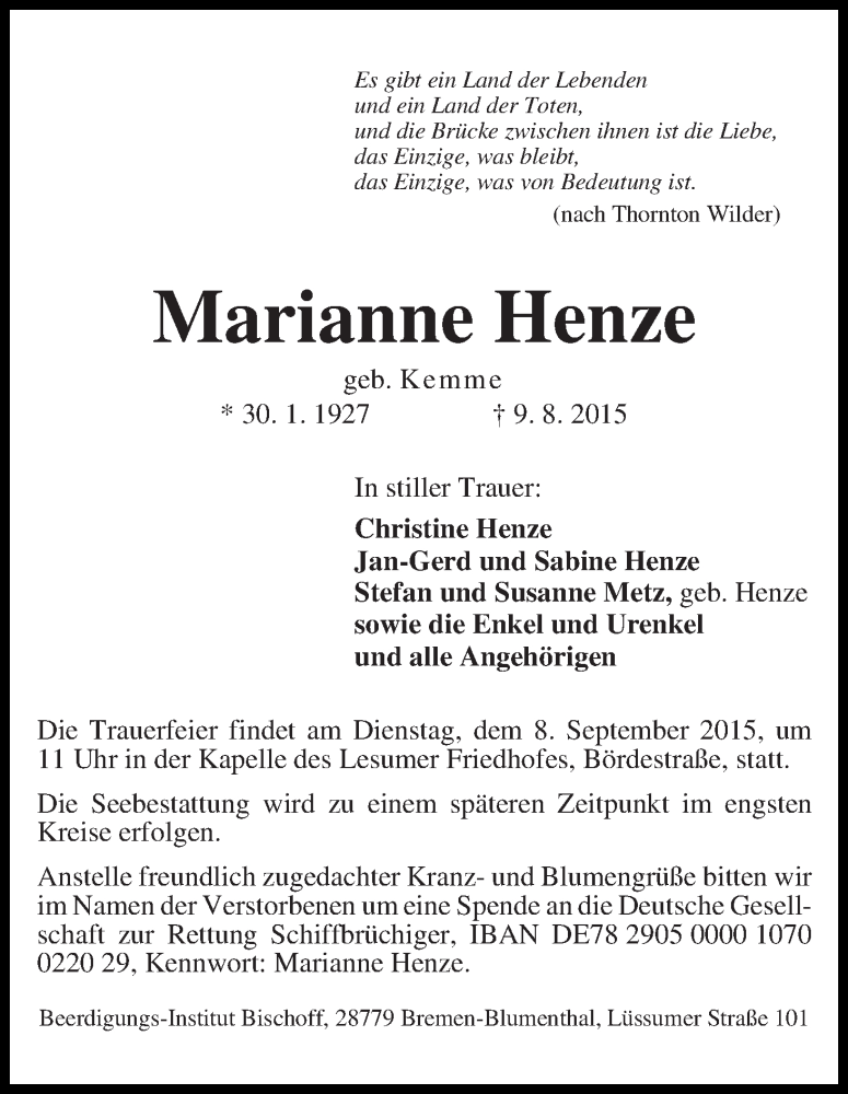 Traueranzeige von Marianne Henze von Die Norddeutsche