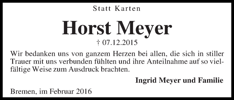 Traueranzeige von Horst Meyer von WESER-KURIER