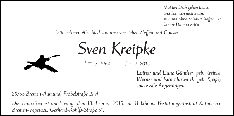 Traueranzeige von Sven Kreipke von Die Norddeutsche