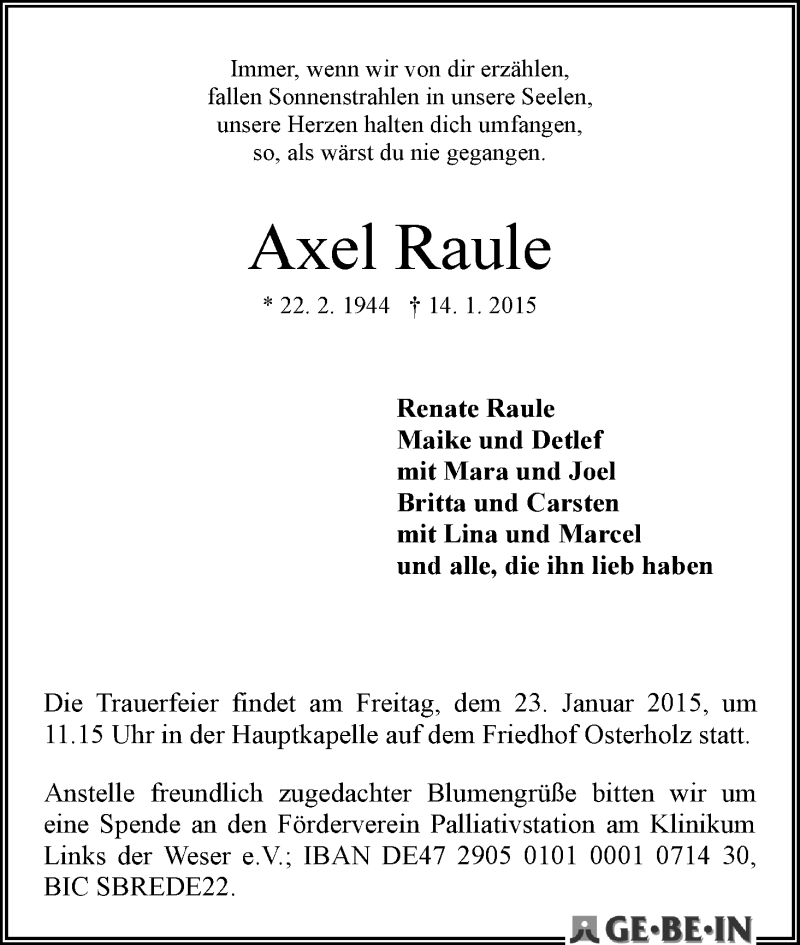 Traueranzeige von Axel Raule von WESER-KURIER
