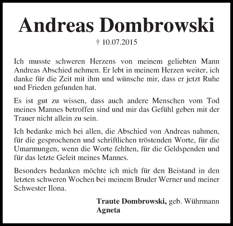 Traueranzeige von Andreas Dombrowski von WESER-KURIER