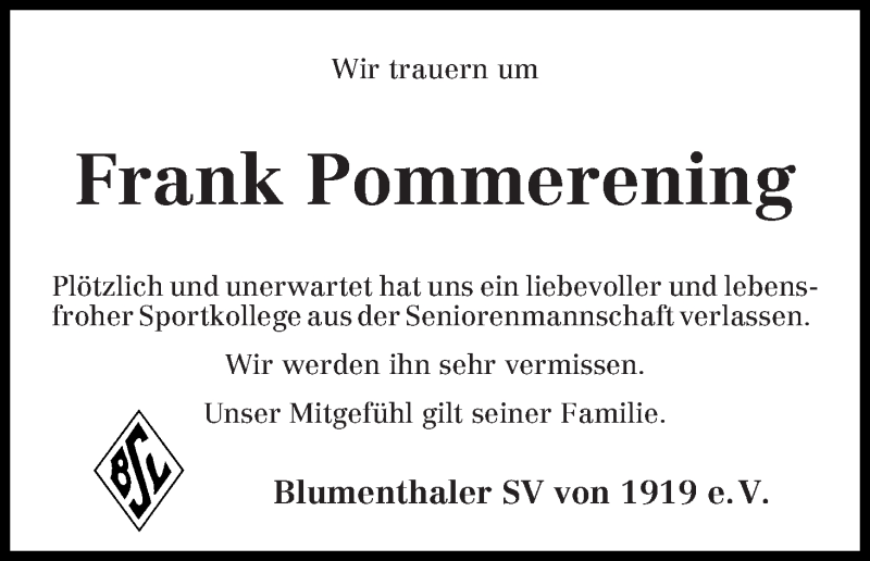 Traueranzeige von Frank Pommerening von Die Norddeutsche