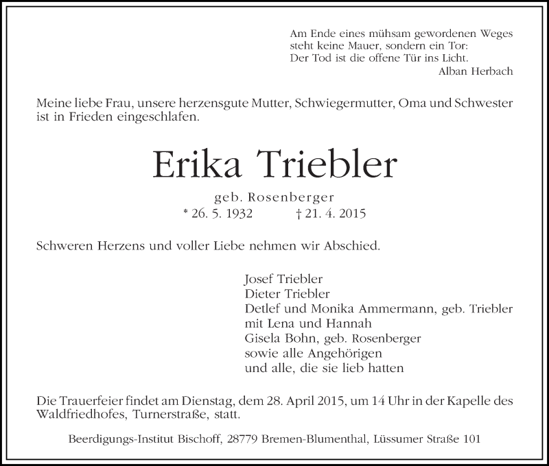 Traueranzeige von Erika Triebler von Die Norddeutsche