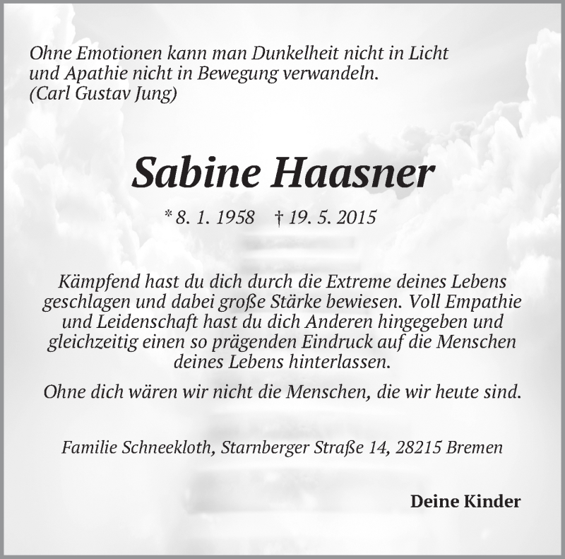 Traueranzeige von Sabine Haasner von WESER-KURIER