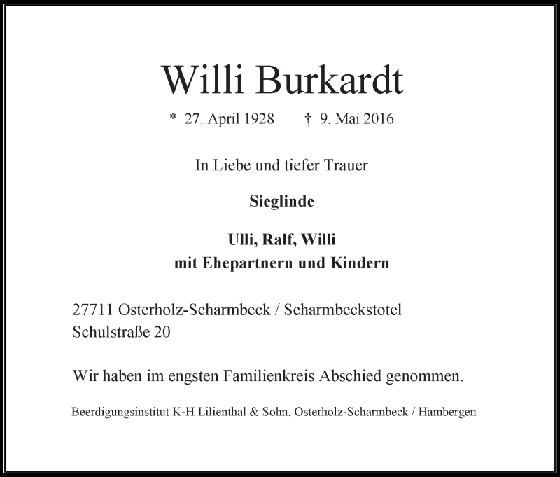 Traueranzeige von Willi Burkhardt von WESER-KURIER