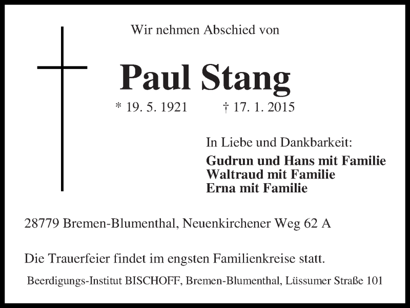 Traueranzeige von Paul Stang von Die Norddeutsche