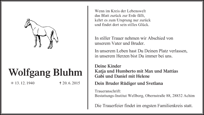 Traueranzeige von Wolfgang Bluhm von Achimer Kurier/Verdener Nachrichten