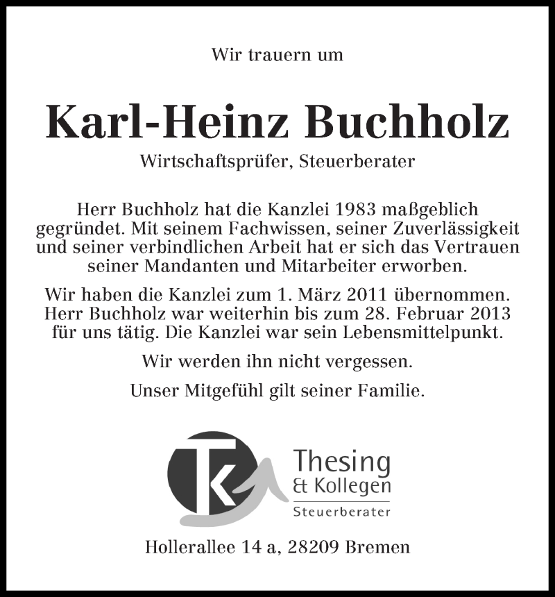 Traueranzeige von Karl-Heinz Buchholz von WESER-KURIER