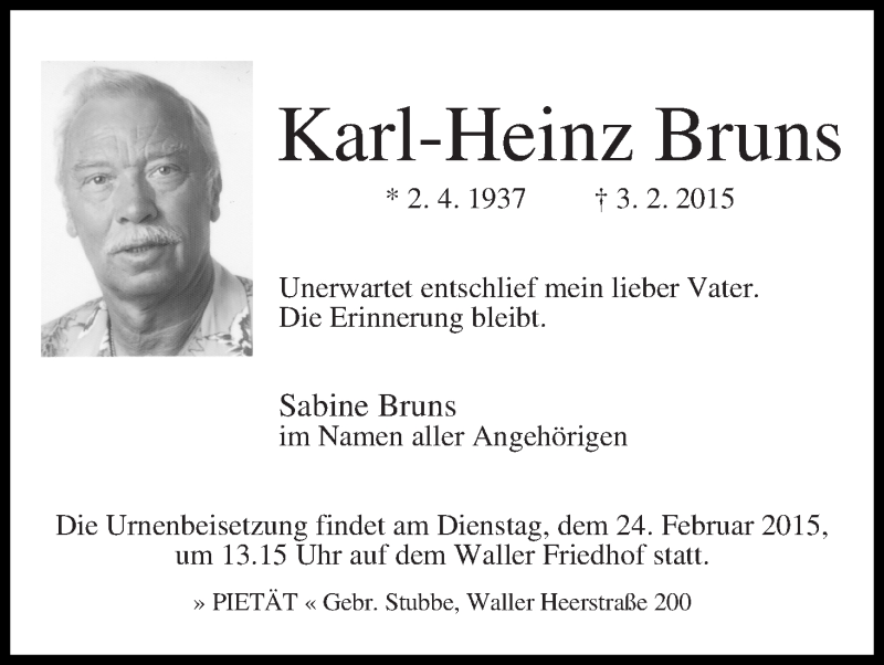 Traueranzeige von Karl-Heinz Bruns von WESER-KURIER