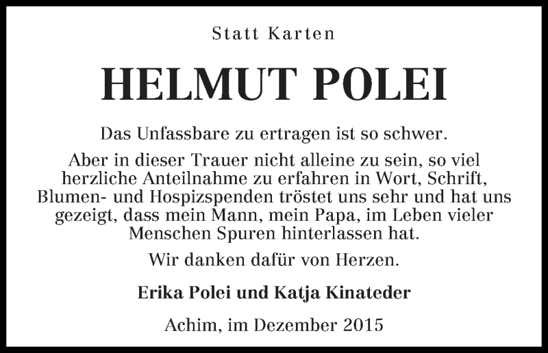 Traueranzeige von Helmut Polei von WESER-KURIER