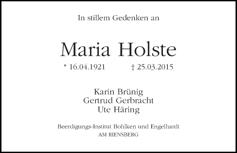 Traueranzeige von Maria Holste von WESER-KURIER