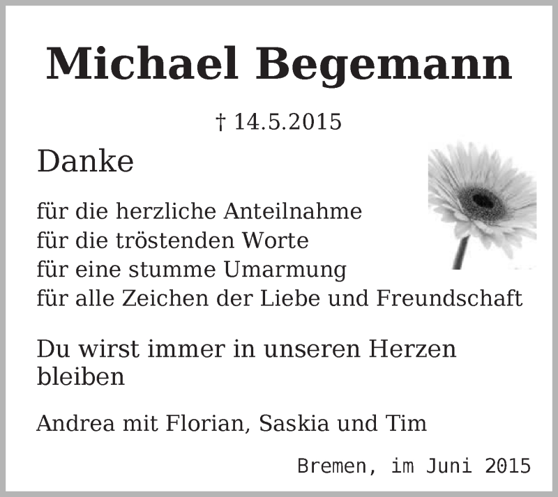 Traueranzeige von Michael Begemann von WESER-KURIER