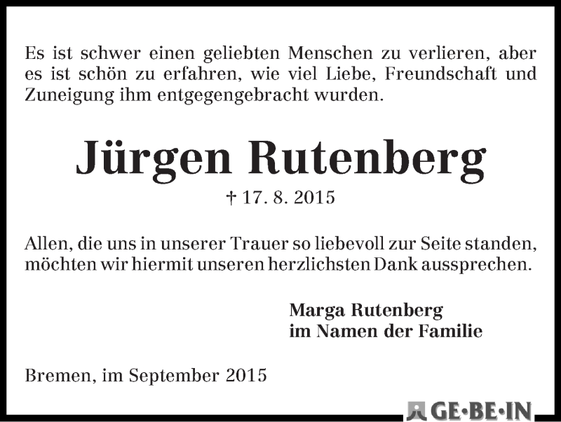 Traueranzeige von Jürgen Rutenberg von WESER-KURIER