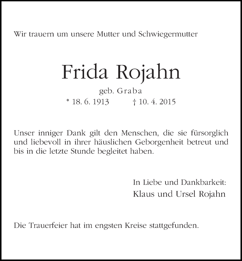 Traueranzeige von Frida Rojahn von Die Norddeutsche