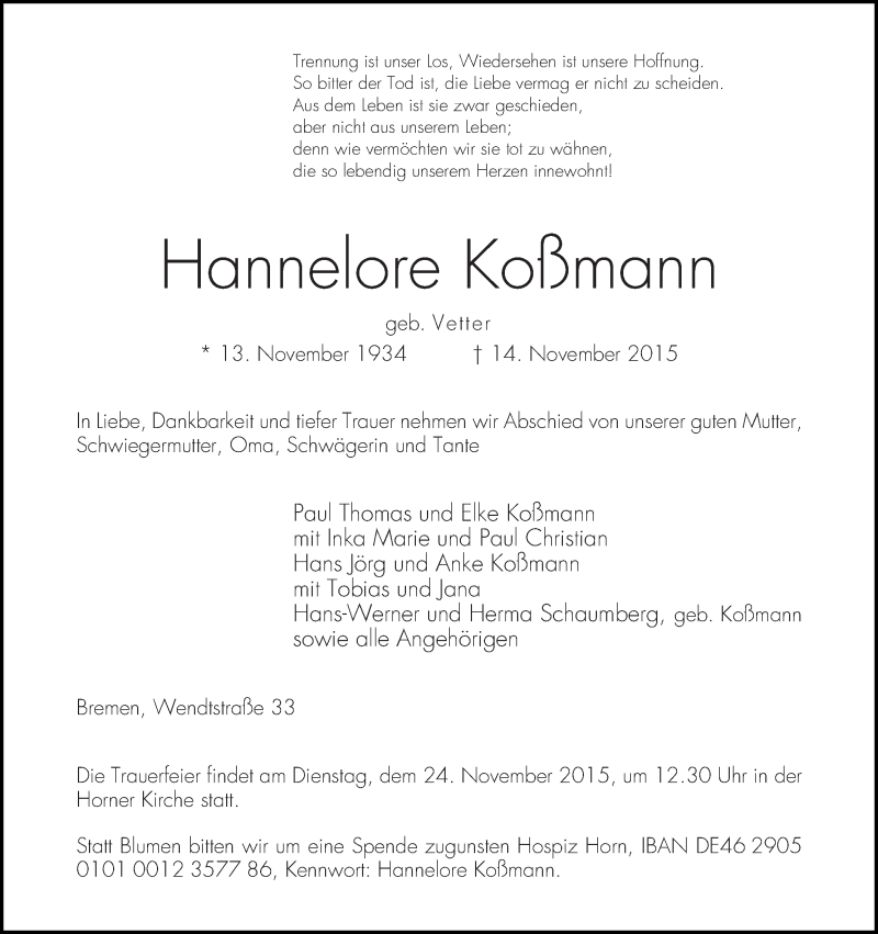Traueranzeige von Hannelore Koßmann von WESER-KURIER
