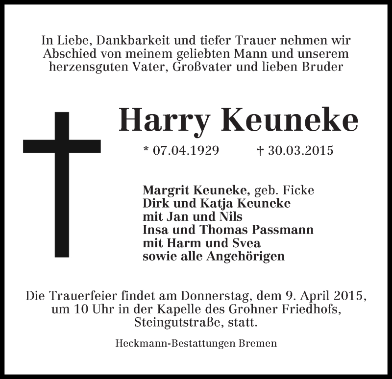 Traueranzeige von Harry Keuneke von Die Norddeutsche