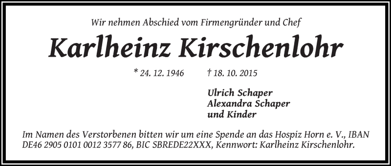 Traueranzeige von Karlheinz Kirschenlohr von WESER-KURIER
