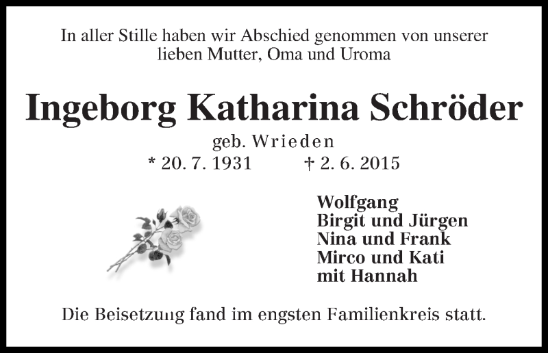Traueranzeige von Ingeborg Katharina Schröder von WESER-KURIER
