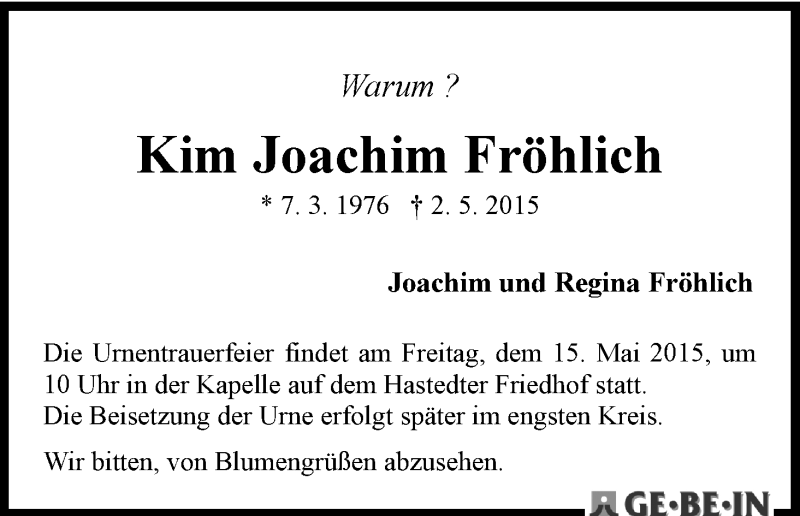 Traueranzeige von Kim Joachim Fröhlich von WESER-KURIER