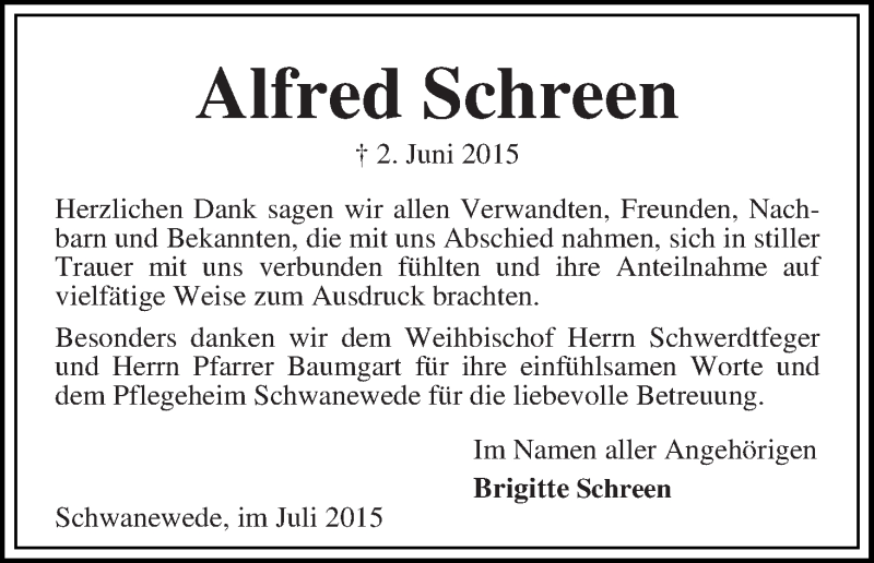 Traueranzeige von Alfred Schreen von WESER-KURIER
