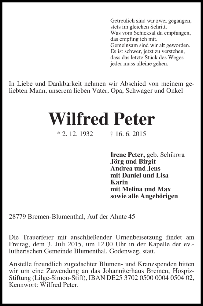 Traueranzeige von Wilfred Peter von Die Norddeutsche