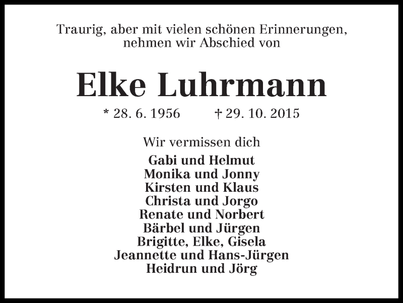 Traueranzeige von Elke Luhrmann von Die Norddeutsche
