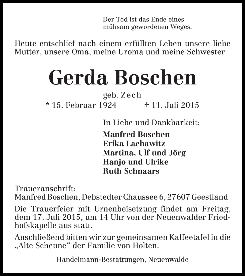 Traueranzeige von Gerda Boschen von WESER-KURIER