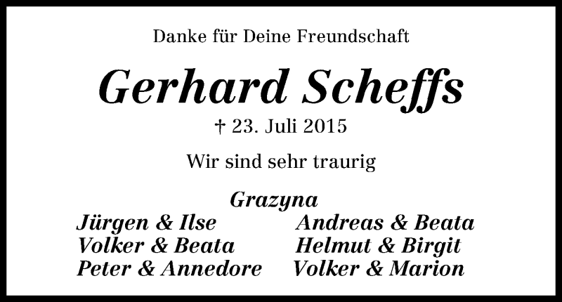 Traueranzeige von Gerhard Scheffs von Osterholzer Kreisblatt