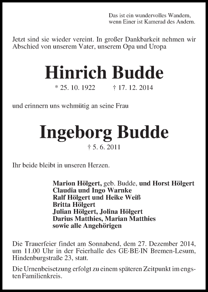 Traueranzeige von Hinrich und Ingeborg Budde von Die Norddeutsche