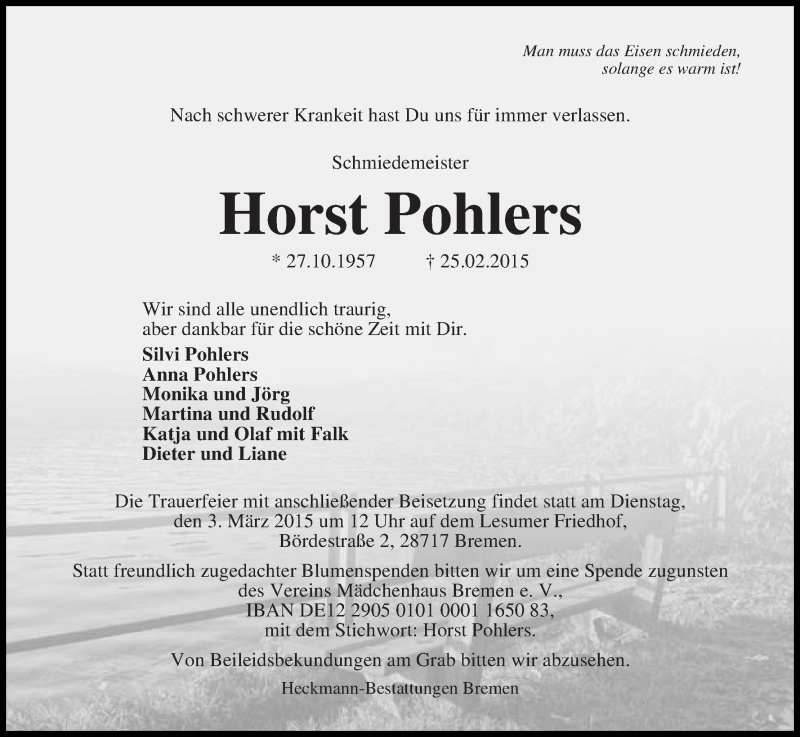 Traueranzeige von Horst Pohlers von Die Norddeutsche