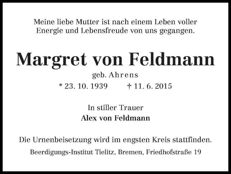 Traueranzeige von Margret von Feldmann von WESER-KURIER