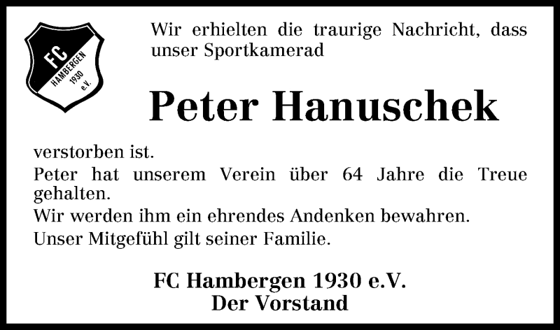Traueranzeige von Peter Hanuschek von Osterholzer Kreisblatt