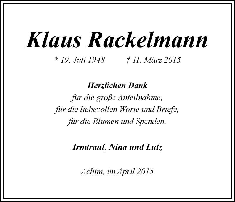 Traueranzeige von Klaus Rackelmann von Achimer Kurier/Verdener Nachrichten
